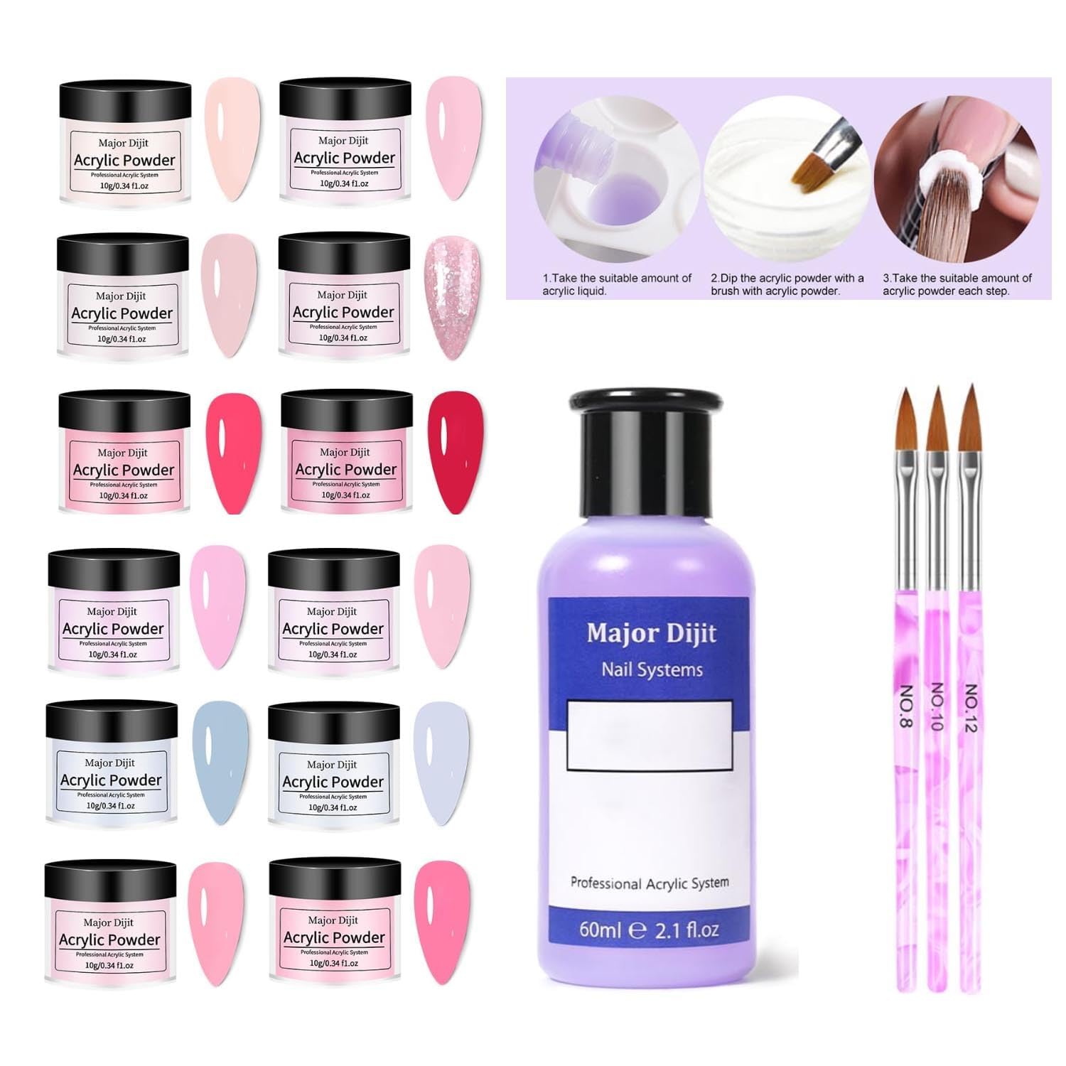 DouborQ 12 color acrylic powders arranged to show mixable color options