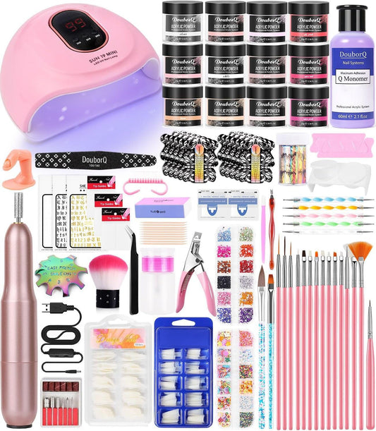 DouborQ full kit layout showing included tools and powders for easy home nail work