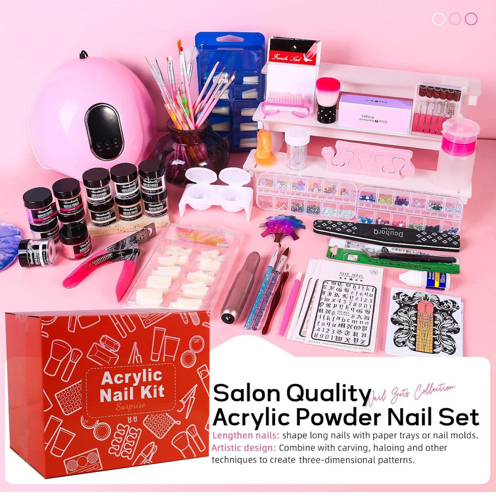 DouborQ twelve acrylic powders arranged by shade to mix custom nail colors
