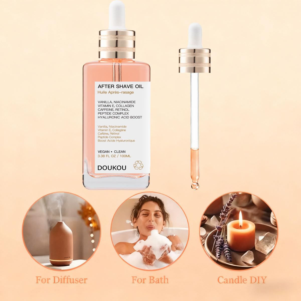 DOUKOU bottle next to measuring tape showing compact 1.69 oz size benefit