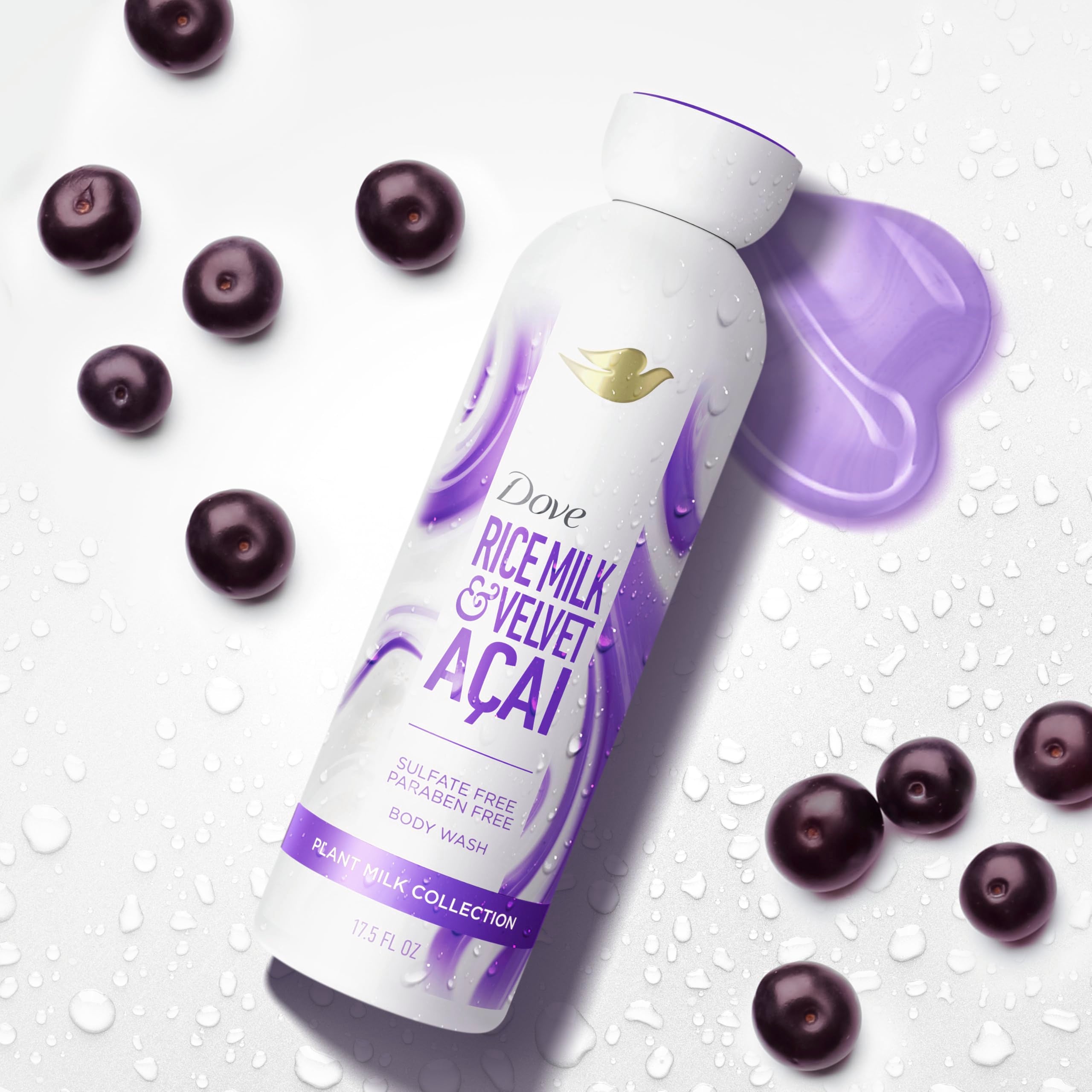 Acai berries and rice visual accentuating Dove scent profile and skin-softening