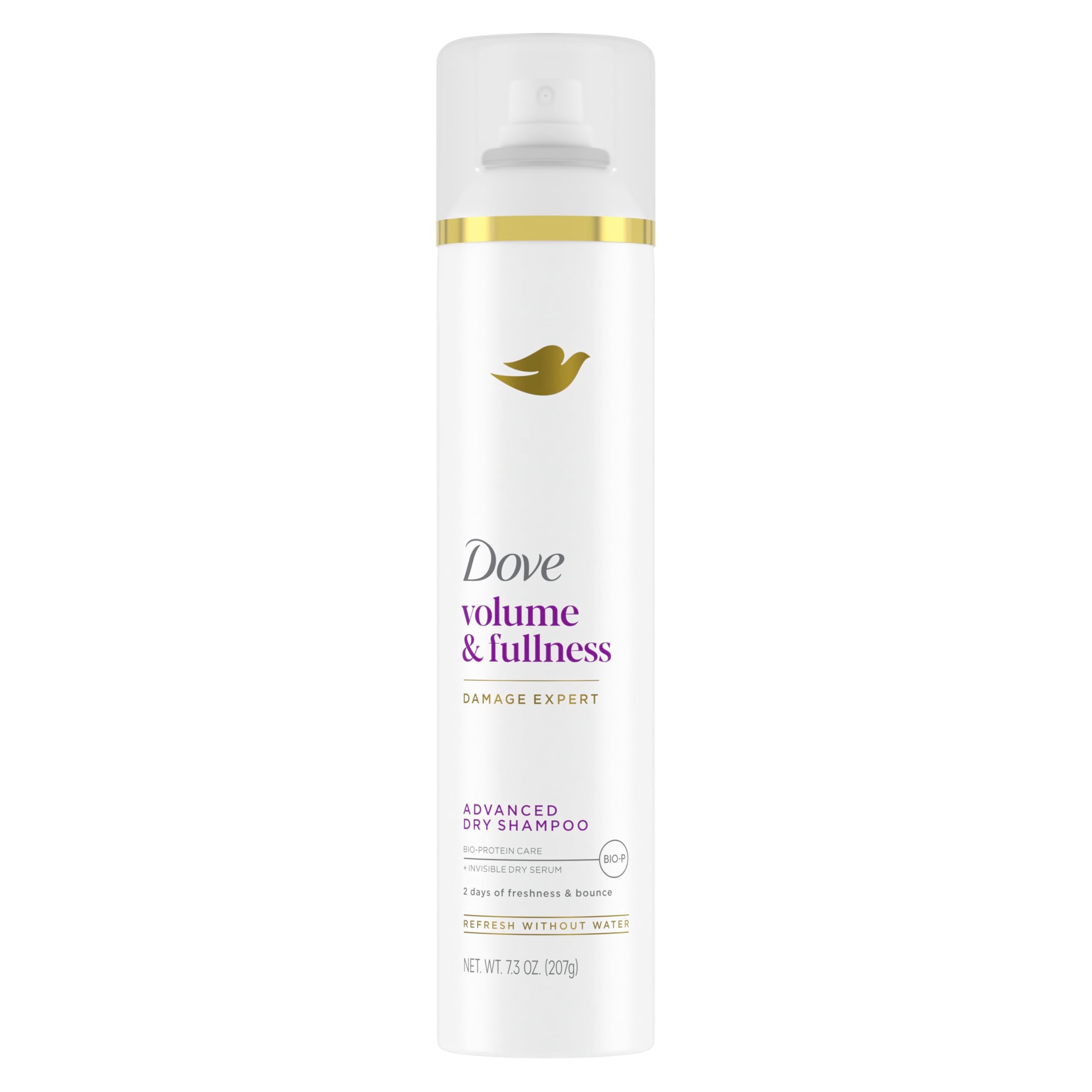Dove Advanced dry shampoo front packaging showing 7.3 oz can and benefit of instant volume