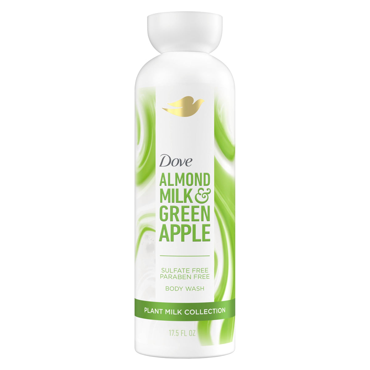 Dove bottle front view showing almond milk and green apple scent benefits