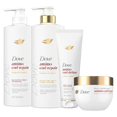 dove front packaging of amino curl regimen pack shows complete routine benefit