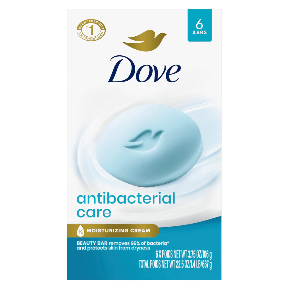 Dove antibacterial front packaging shows six bars and moisturizing benefit