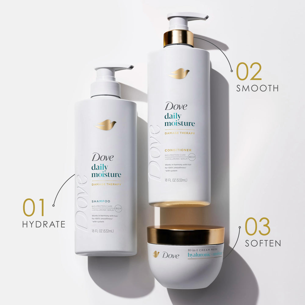 Dove applying mask into damp hair demonstrating quick one-minute use