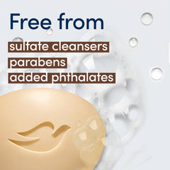 Dove beauty bar label and ingredient panel highlighting pH-balanced formula and benefits