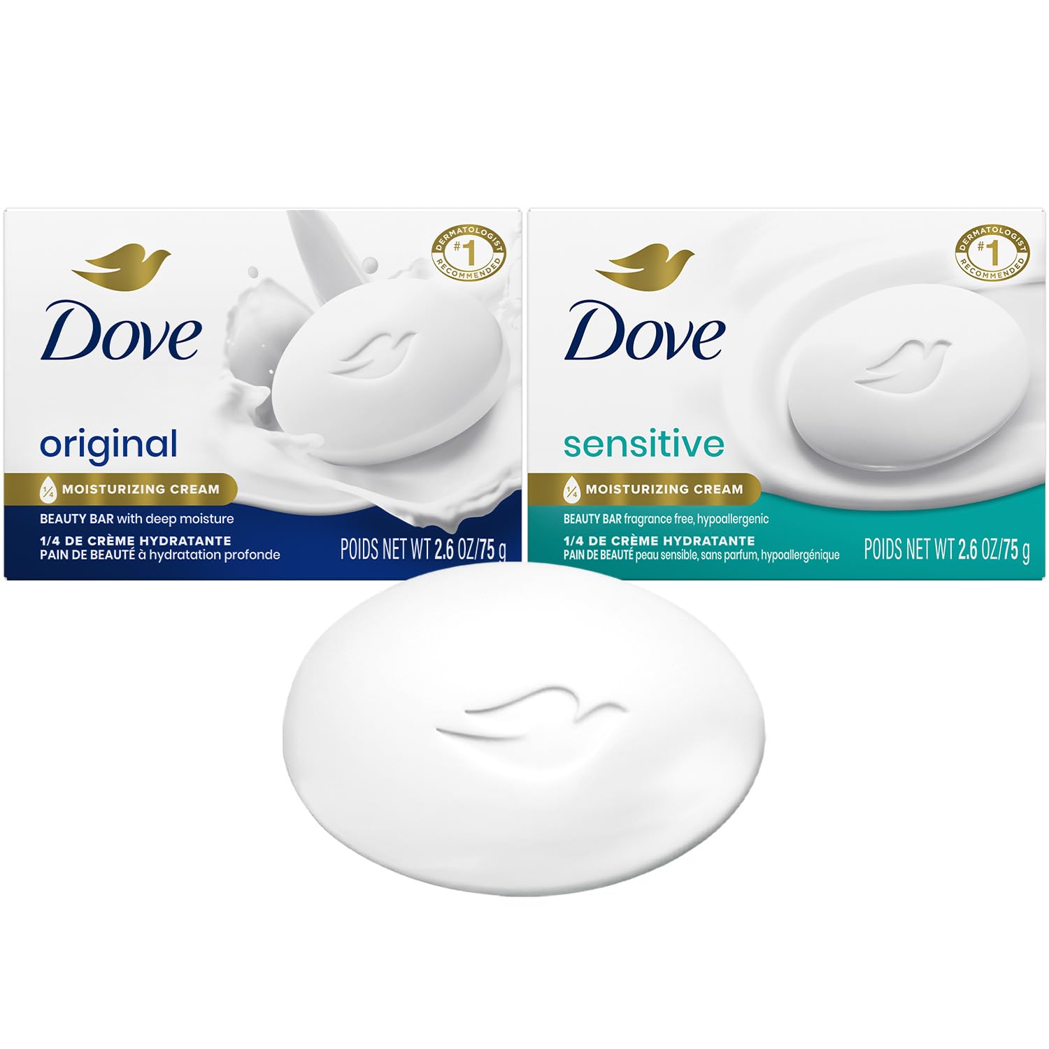 Dove beauty bar front packaging showing two bars and benefits