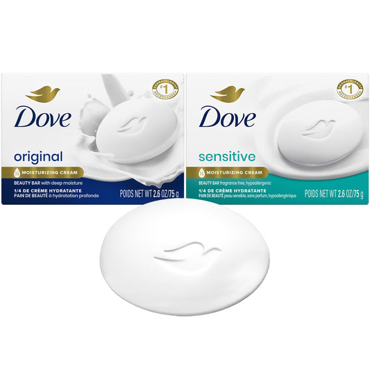 Dove beauty bar front packaging showing two bars and benefits