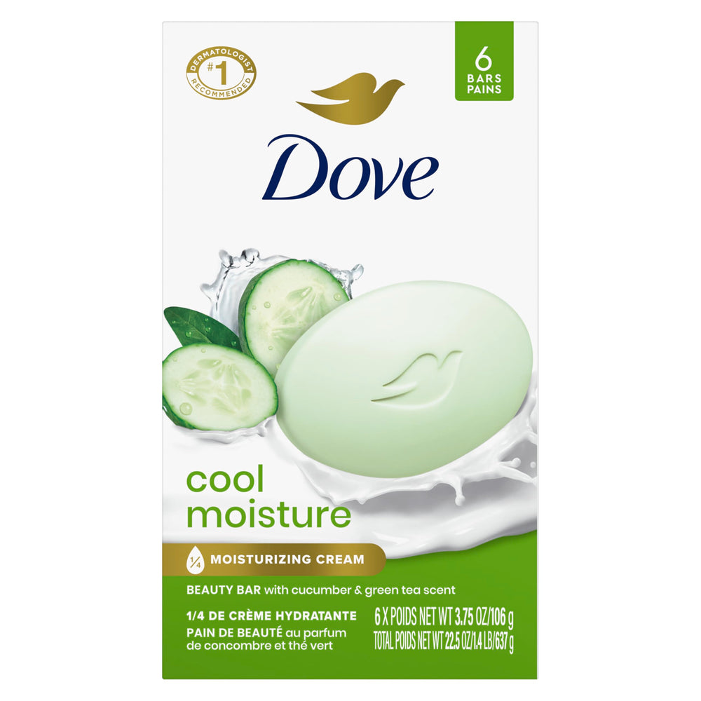 Dove front packaging six-pack showing bars and freshness benefit