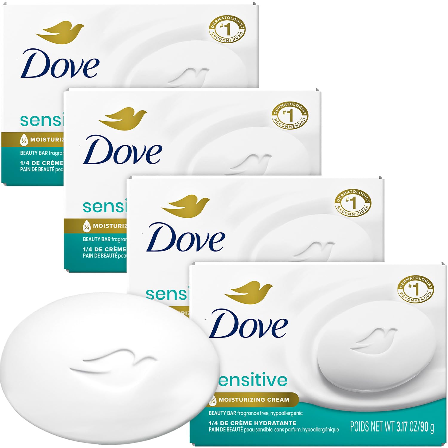 Dove beauty bar front packaging showing four bars and fragrance-free benefit