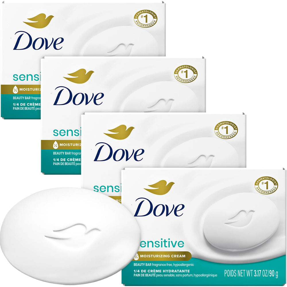 Dove beauty bar front packaging showing four bars and fragrance-free benefit