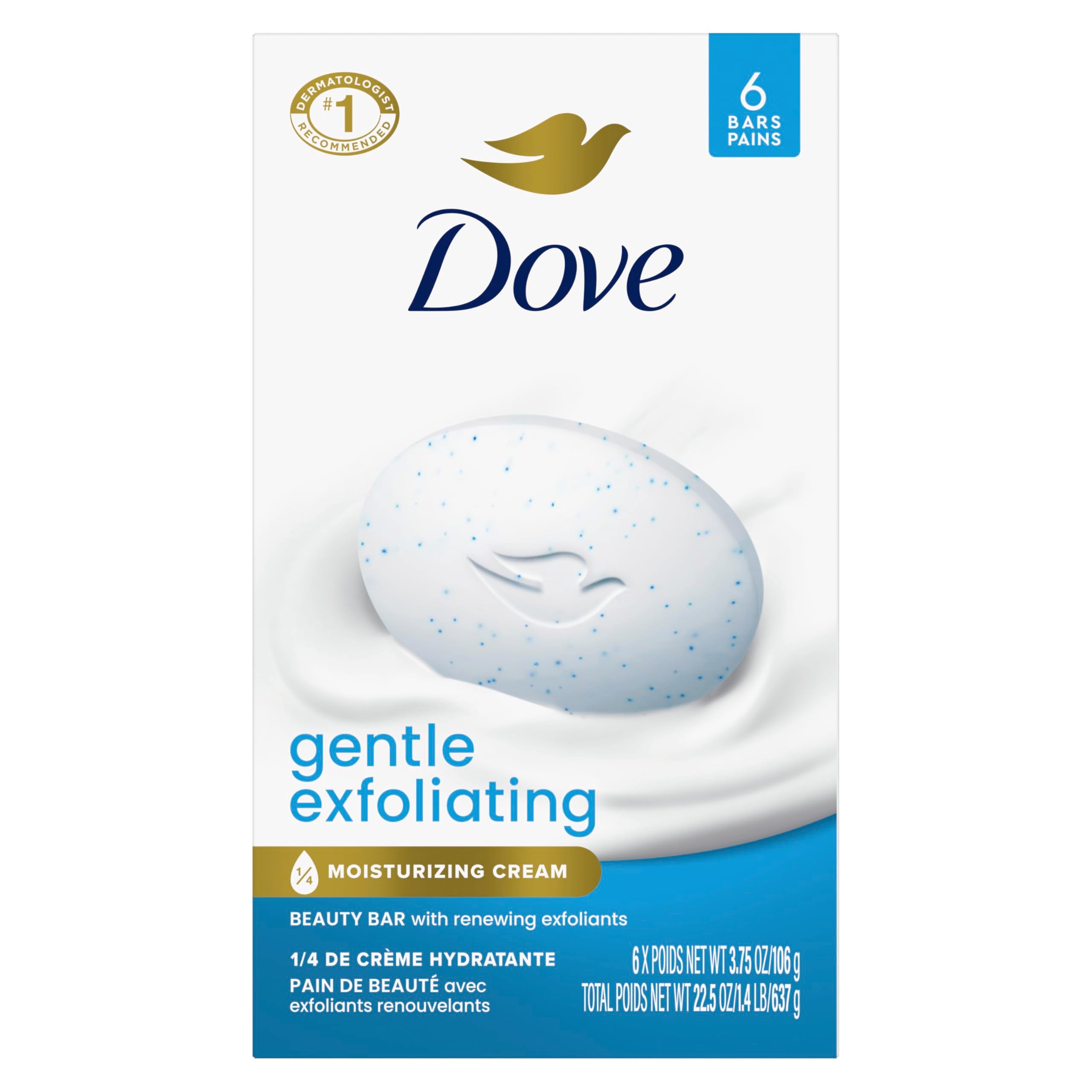 Dove beauty bar front packaging showing six bars and moisturizing benefit