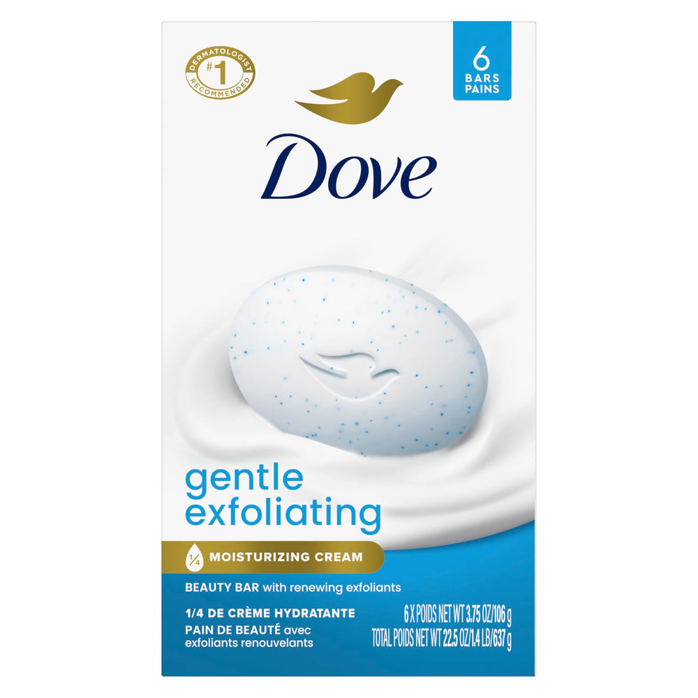 Dove beauty bar front packaging showing six bars and moisturizing benefit