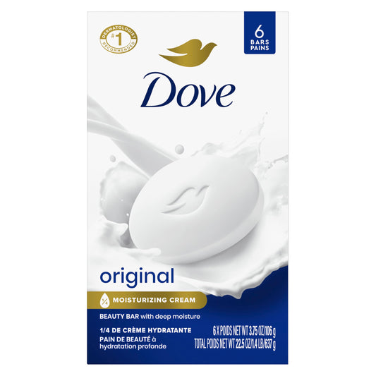 Dove front packaging showing 6 bars and moisturizing benefit