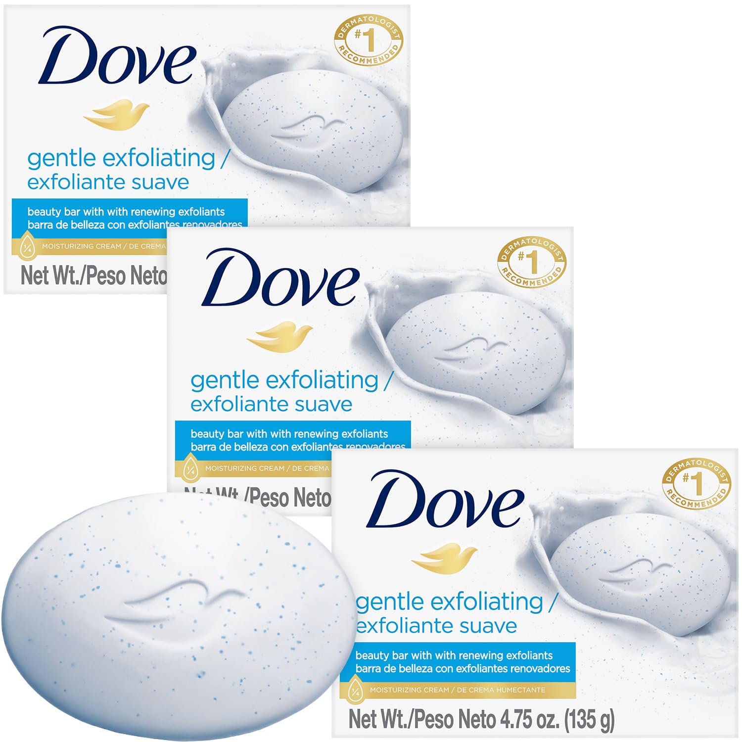Dove pack front view showing three bars, brand and soft hydration benefit