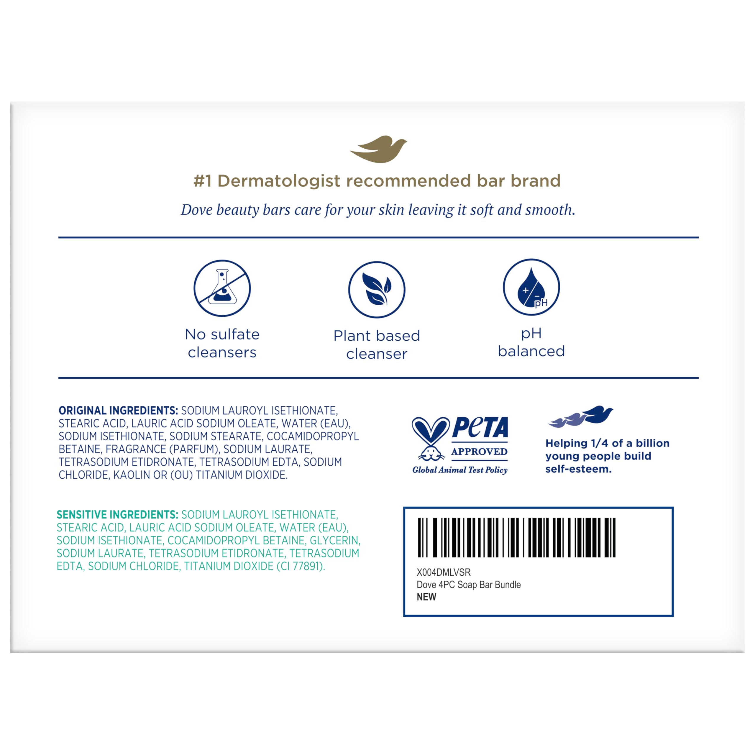 Back of Dove packaging showing ingredients and hypoallergenic notes