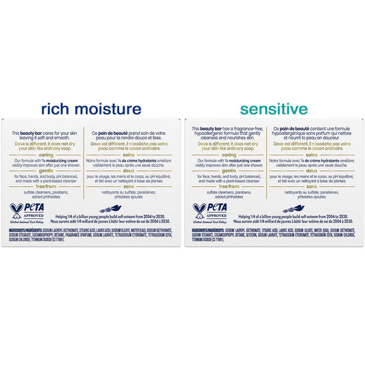 Dove sensitive bar close-up texture showing smooth, fragrance-free care