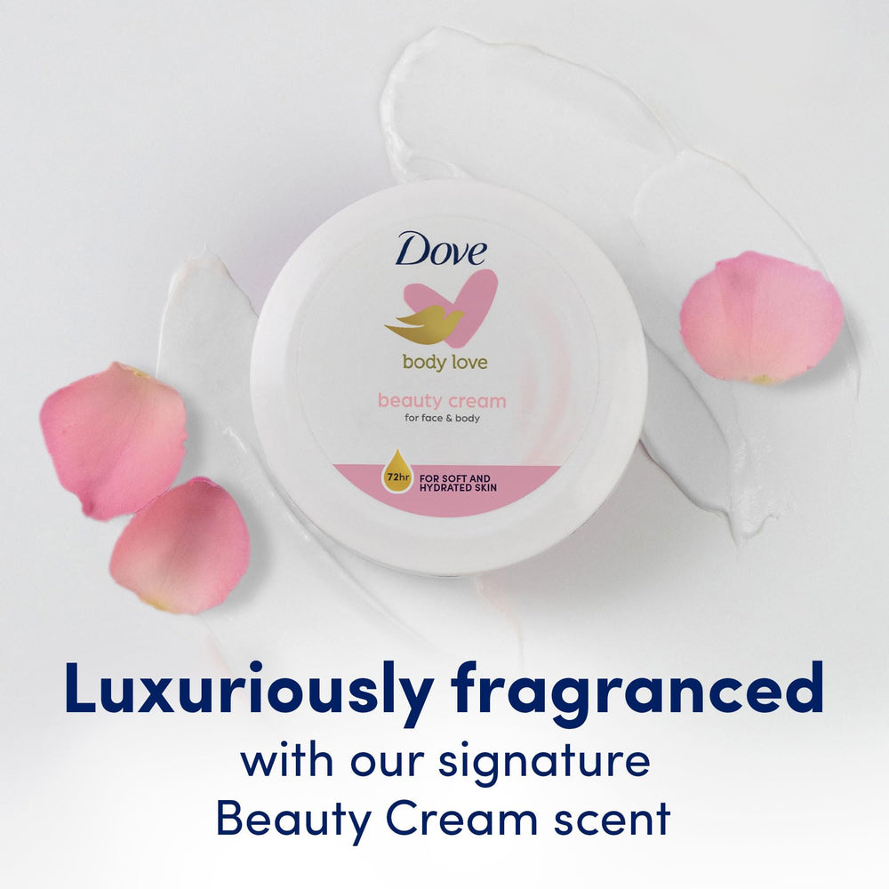 Close-up of Dove label highlighting nourishing ingredients and benefits