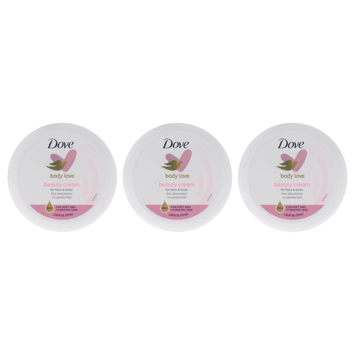 Dove Beauty Cream Pink front packaging showing three 2.7 oz jars and brand name, convenient value