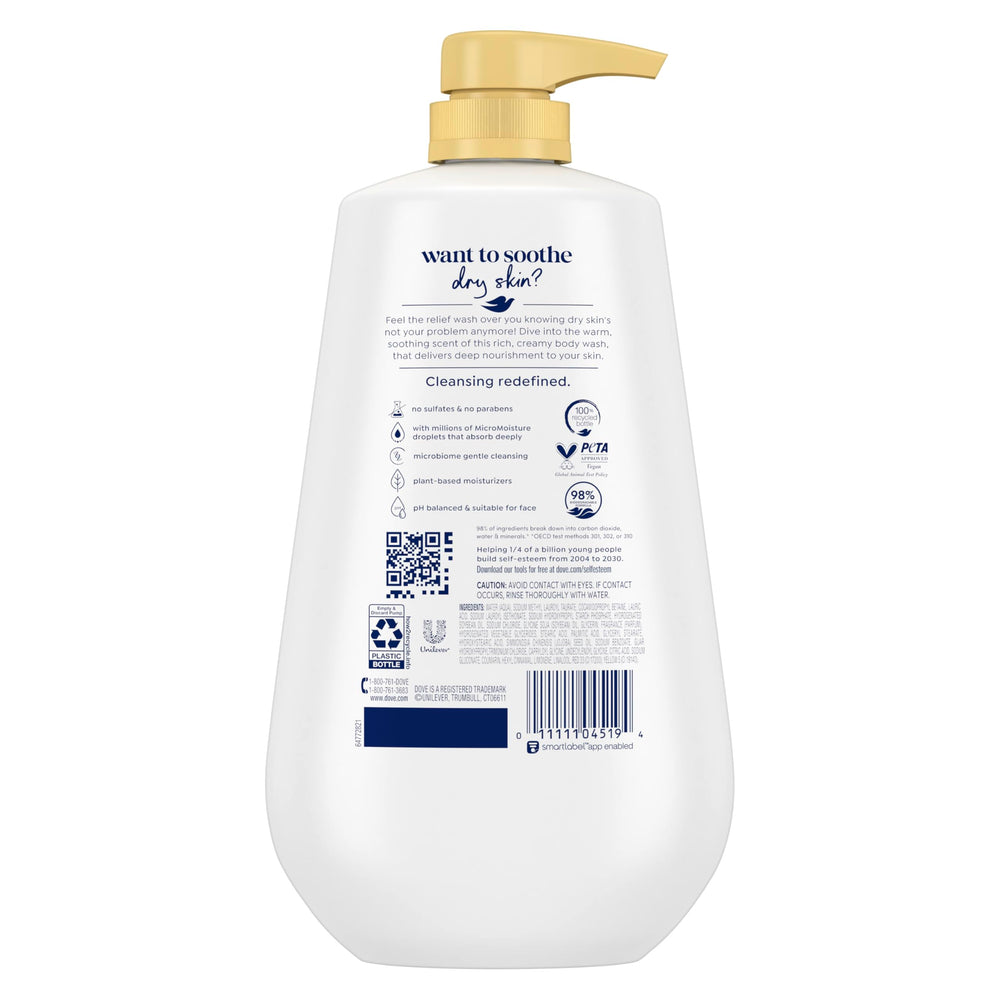Dove pump bottle and clear label closeup highlighting product name benefits