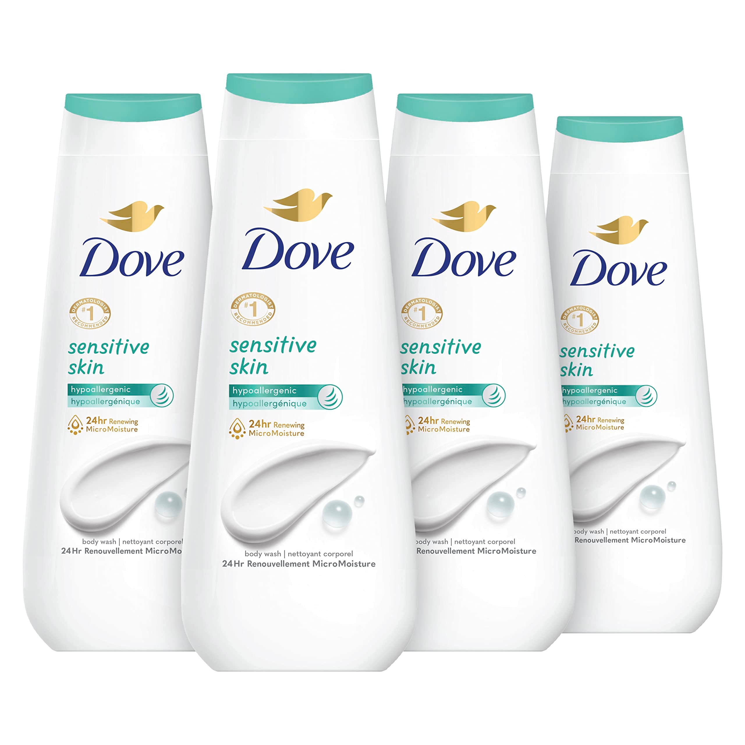 Dove bottle front packaging showing sensitive skin formula and benefits