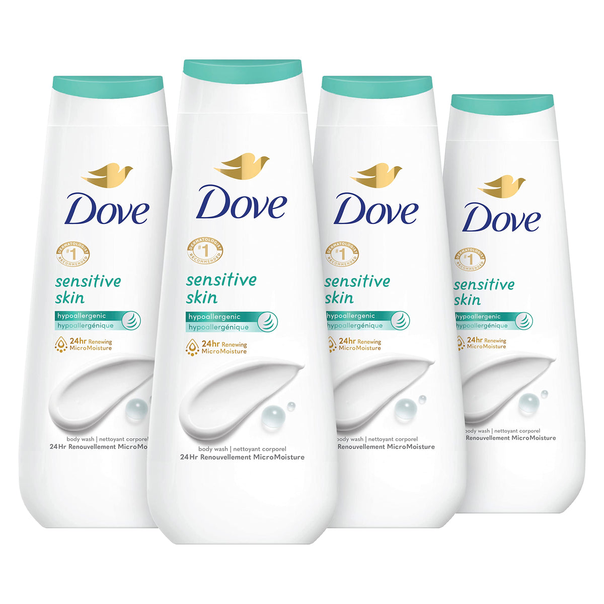 Dove bottle front packaging showing sensitive skin formula and benefits