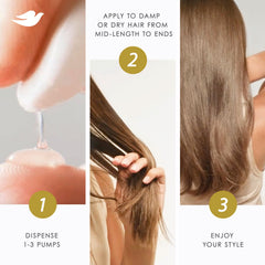 Dove being applied to hair ends to reduce frizz and strengthen