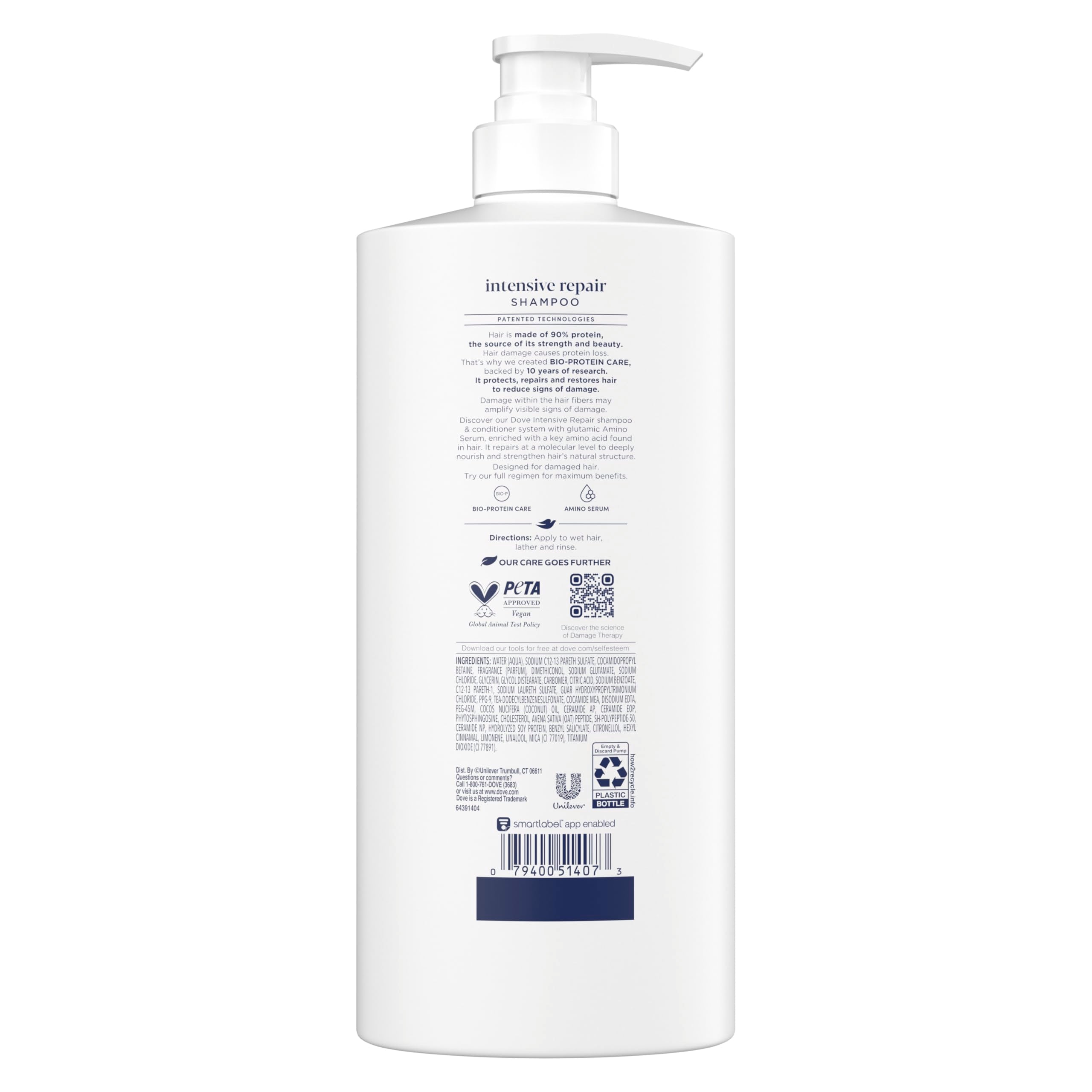 Dove bottle label close-up highlighting Bio-Protein Care ingredients and purpose