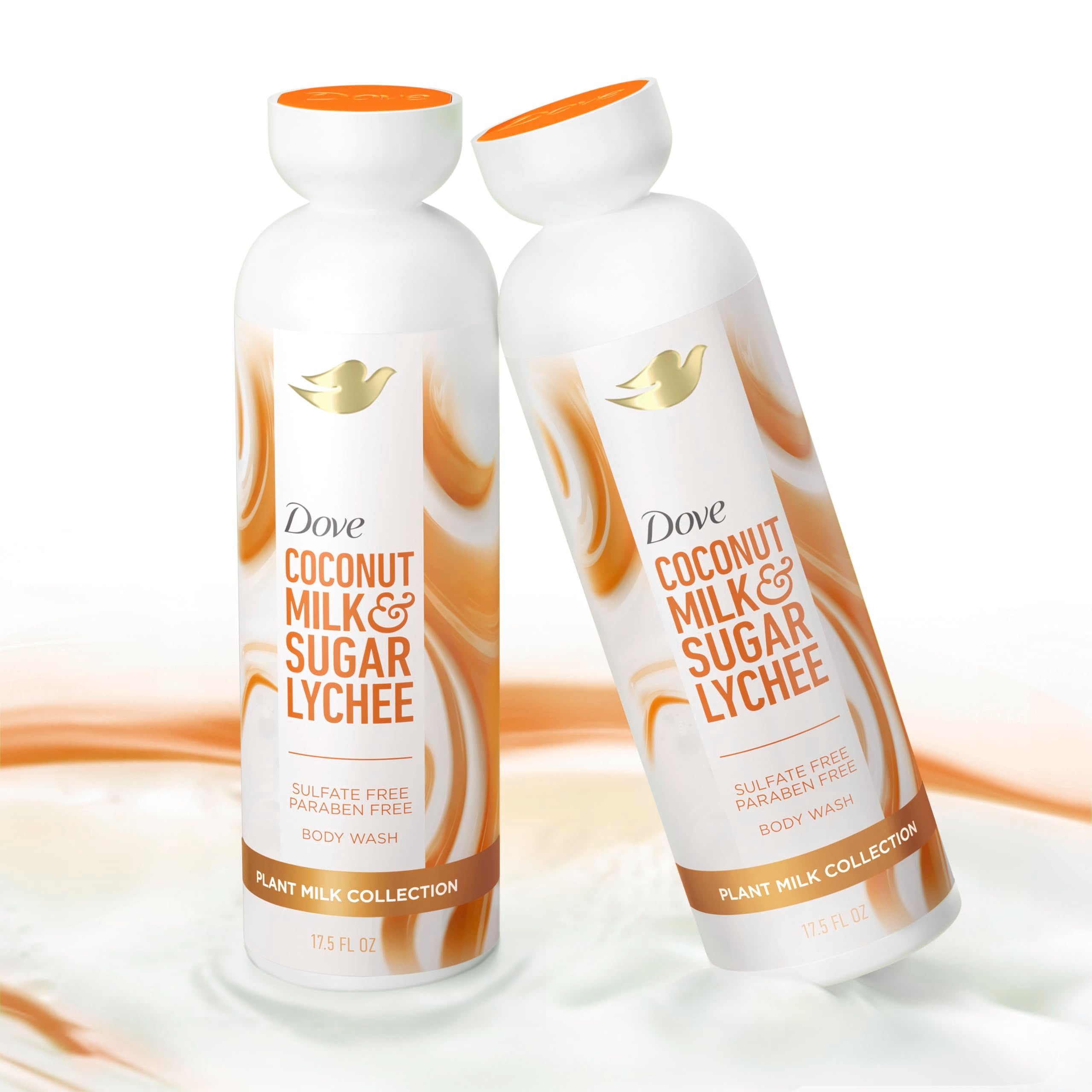 Dove bottle beside coconut and lychee illustrating natural-scented, nourishing benefit
