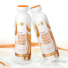 Dove bottle beside coconut and lychee illustrating natural-scented, nourishing benefit