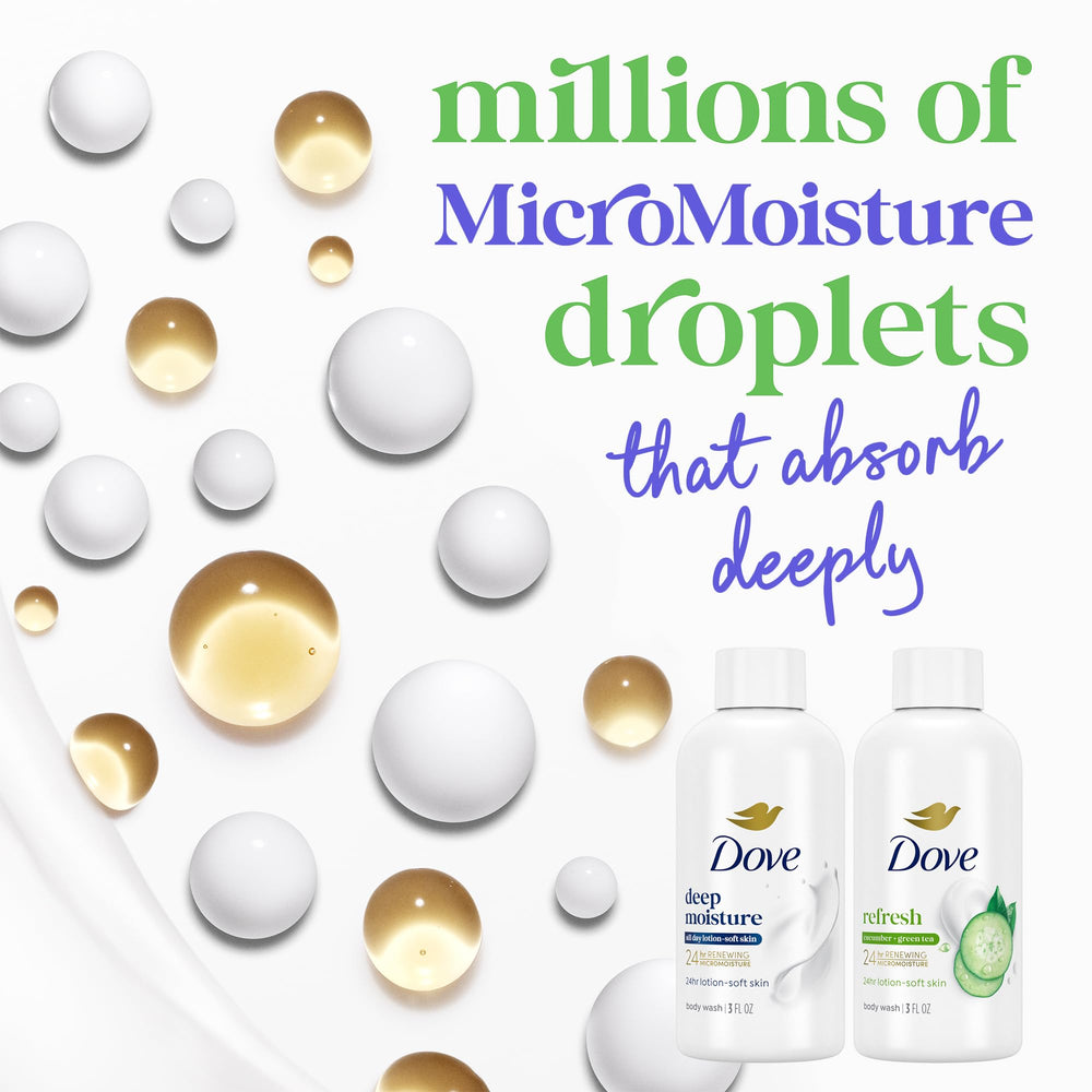 Dove bottles beside toothbrush and towel showcasing packed travel convenience