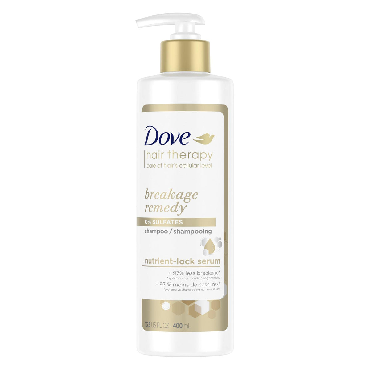 Dove front packaging showing Breakage Remedy shampoo and clear product benefit