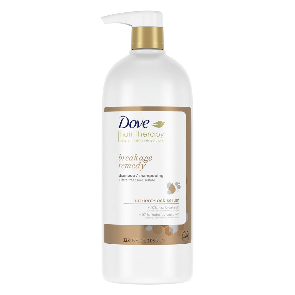 Dove breakage remedy shampoo front bottle showing label and benefits