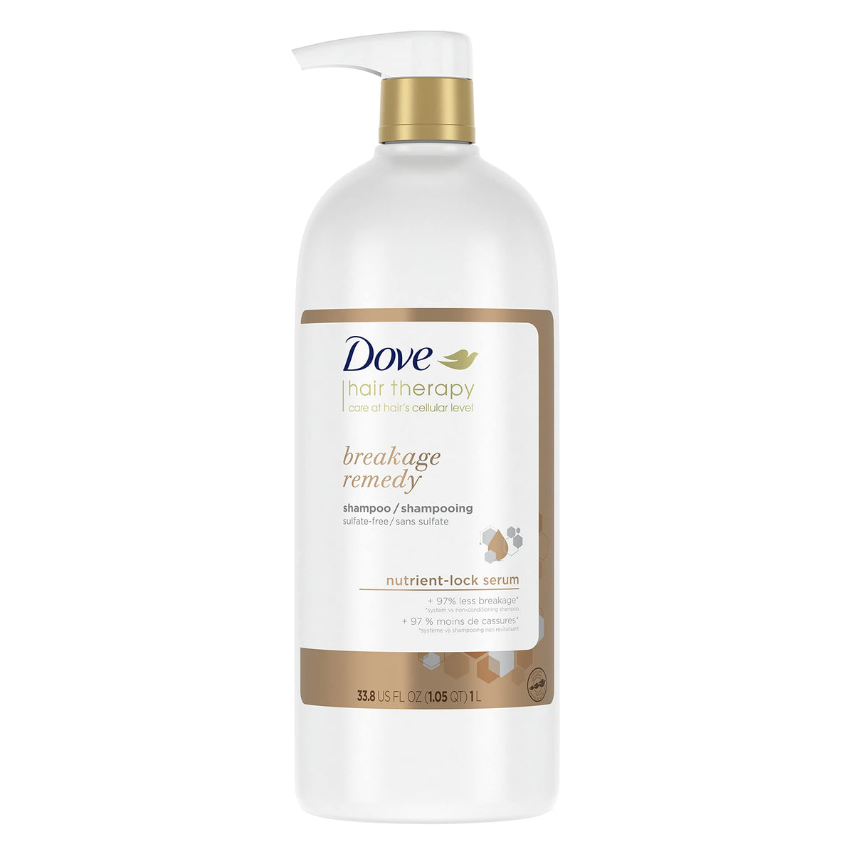 Dove breakage remedy shampoo front bottle showing label and benefits