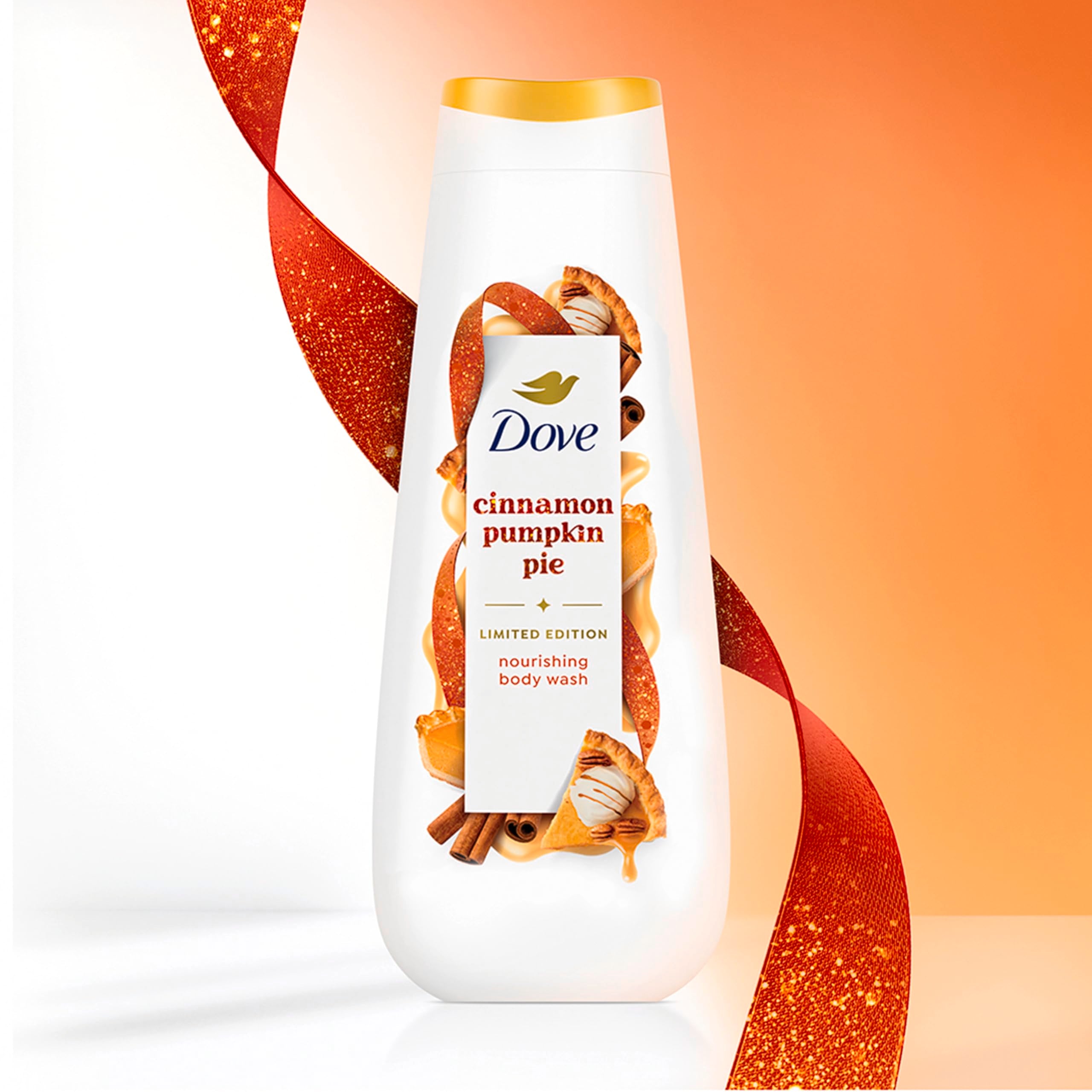 Recycled plastic label on Dove bottle showing eco-friendly packaging benefit
