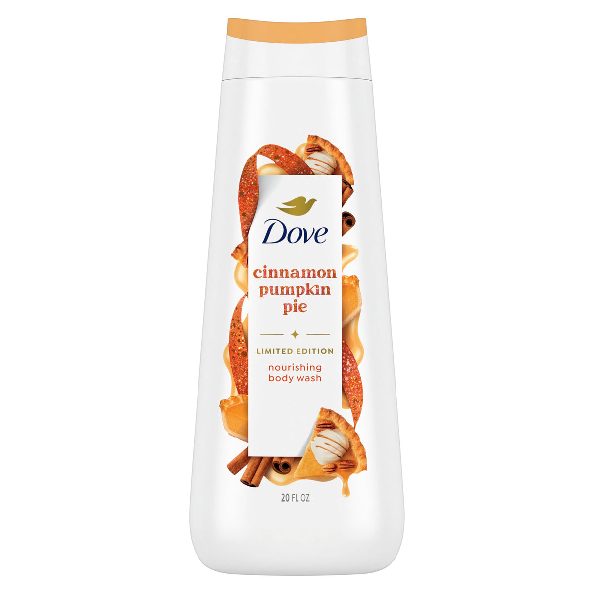 Dove bottle front view showing cinnamon pumpkin pie scent and nourishing benefit