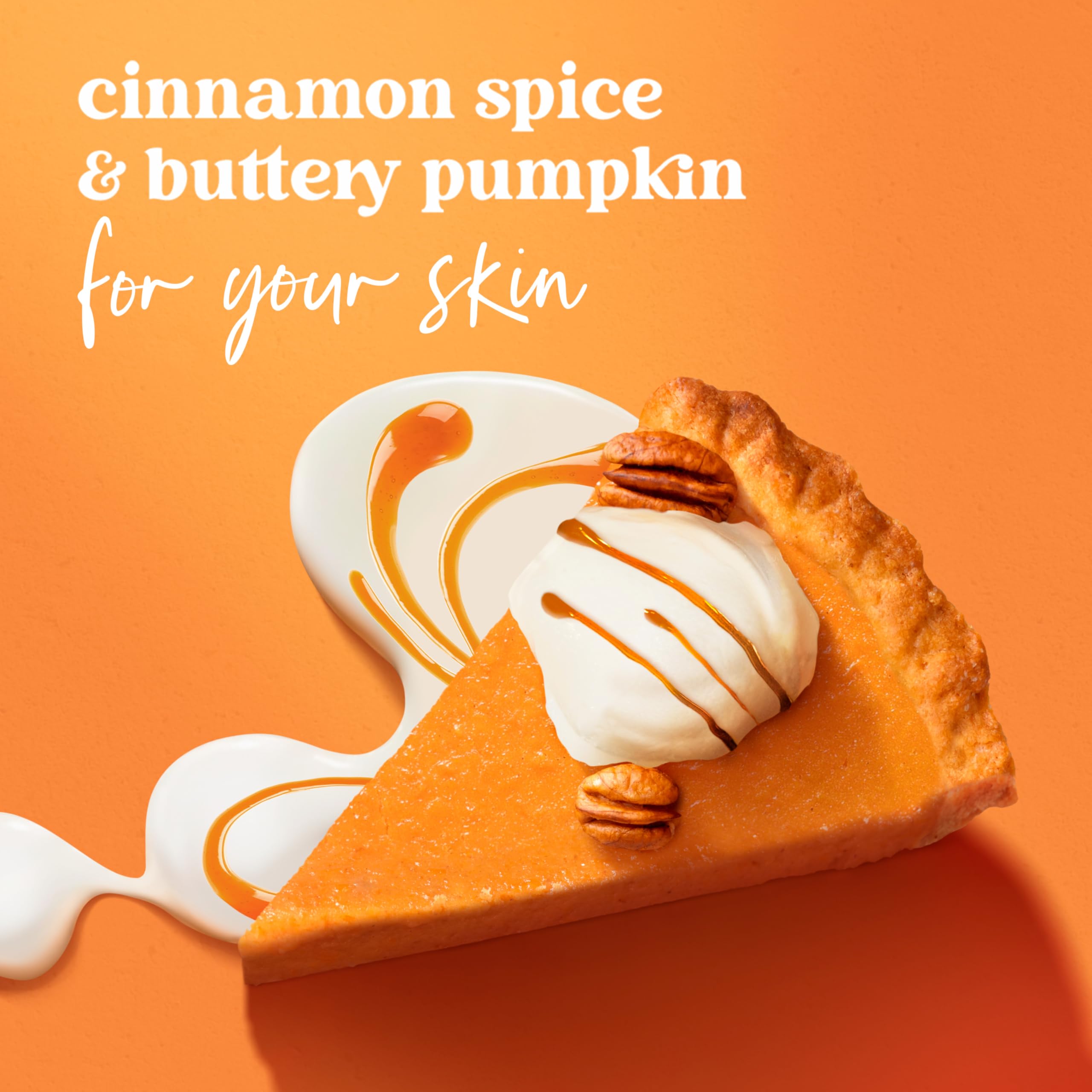 Pumpkin and cinnamon ingredients styled beside Dove bottle showing warm fragrance