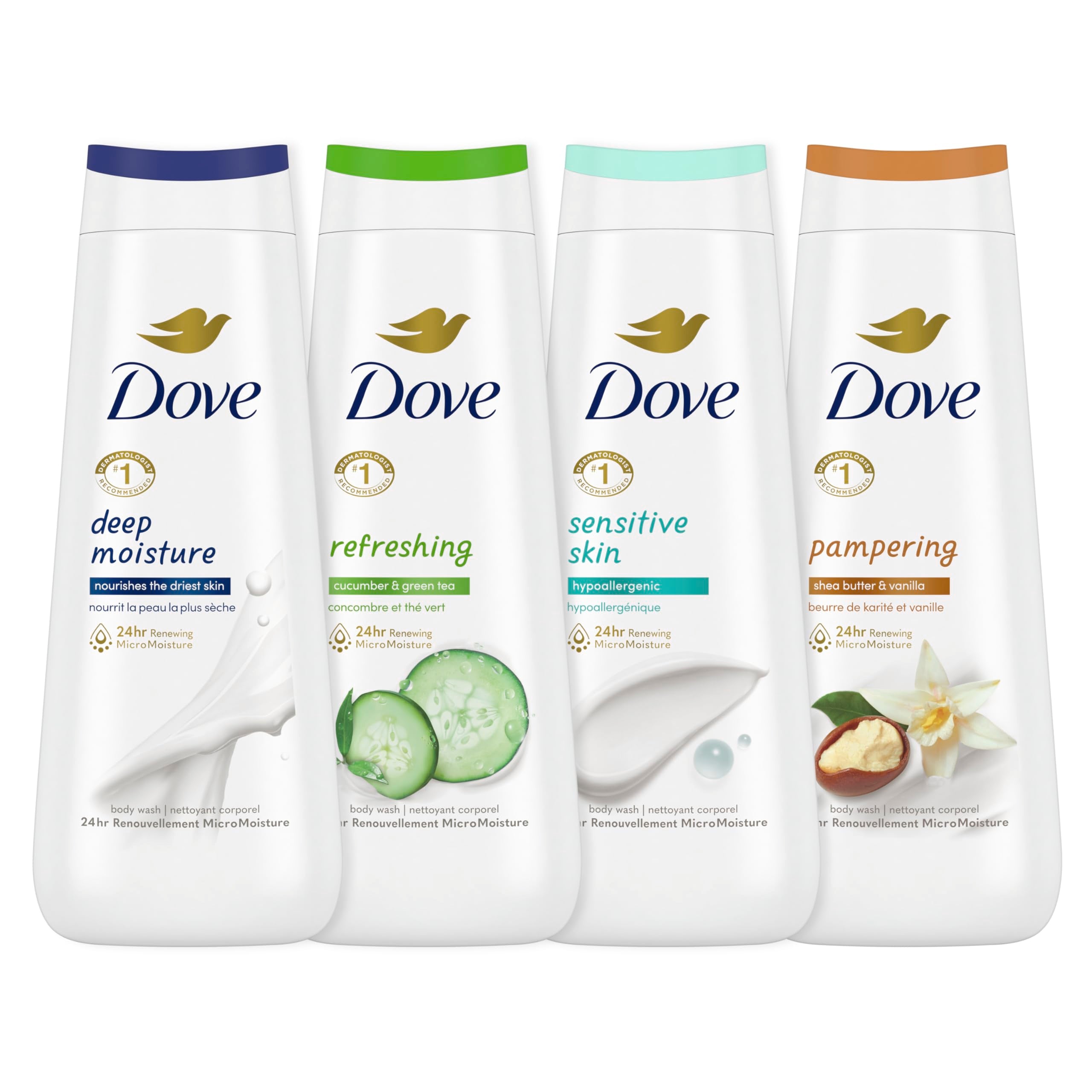Dove collection front packaging showing four 20 oz bottles and moisturizing benefit