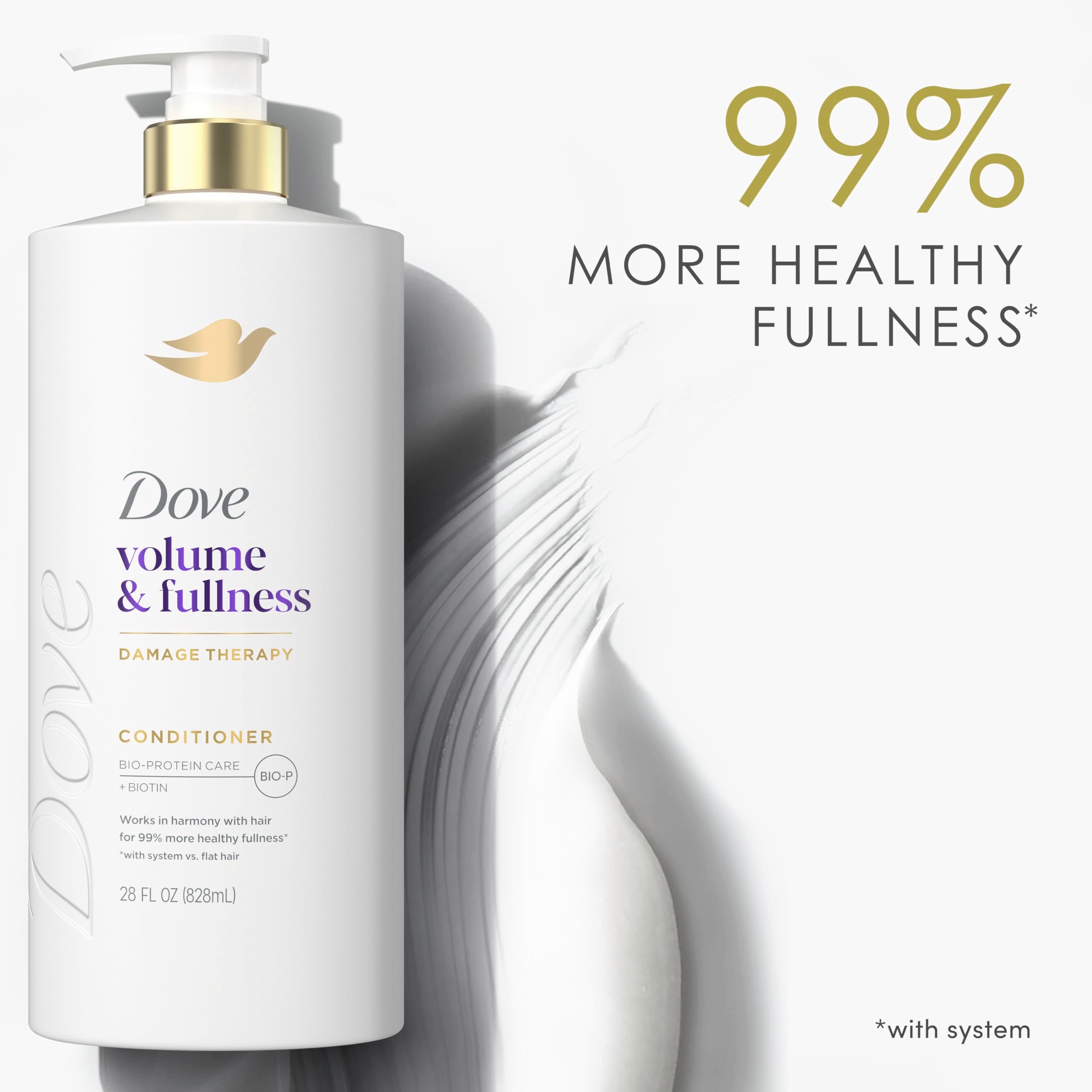 Dove Volume & Fullness system display with shampoo, conditioner, mask, and serum for complete routine benefit