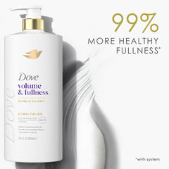Dove Volume & Fullness system display with shampoo, conditioner, mask, and serum for complete routine benefit