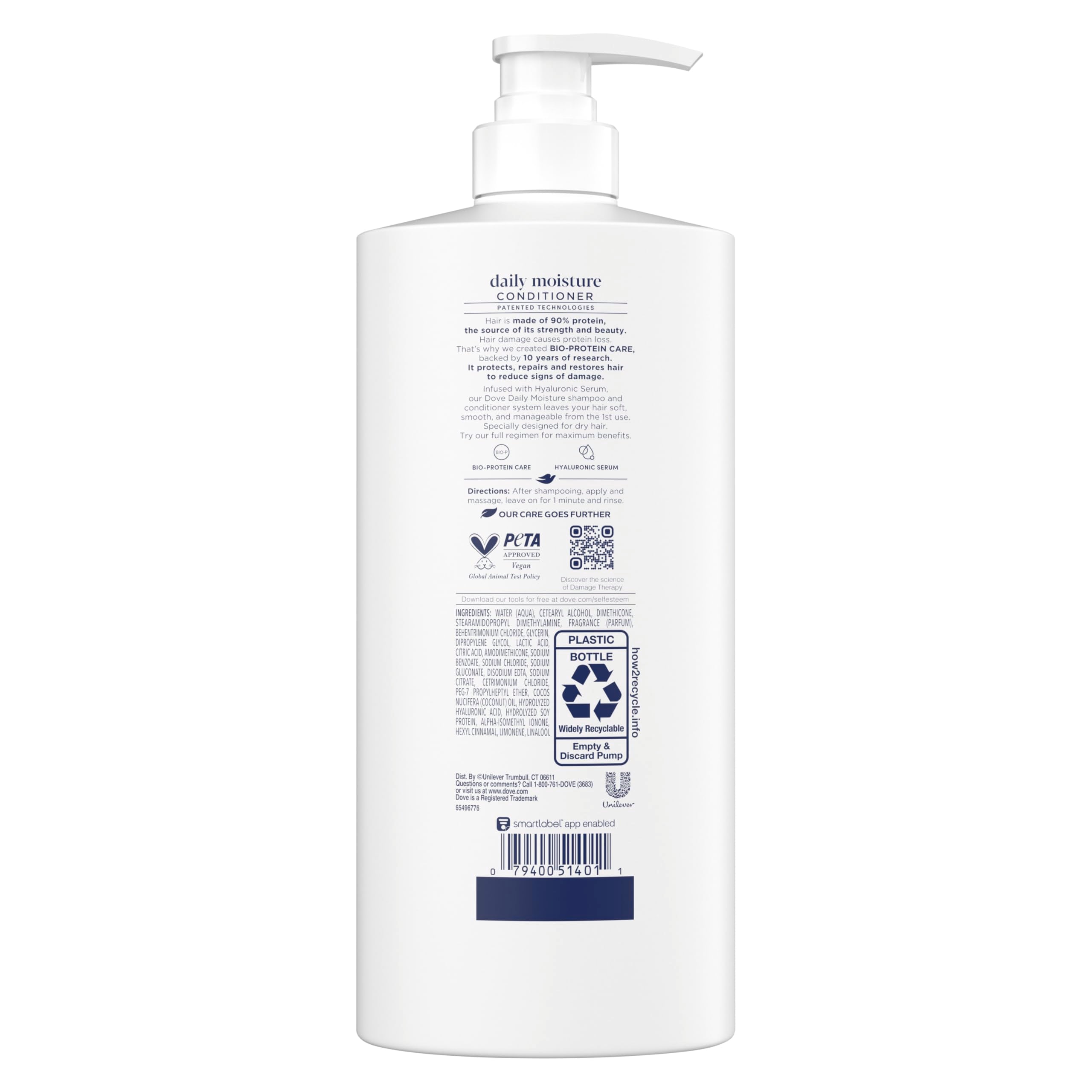 Dove back label close-up listing ingredients and how to use for clarity