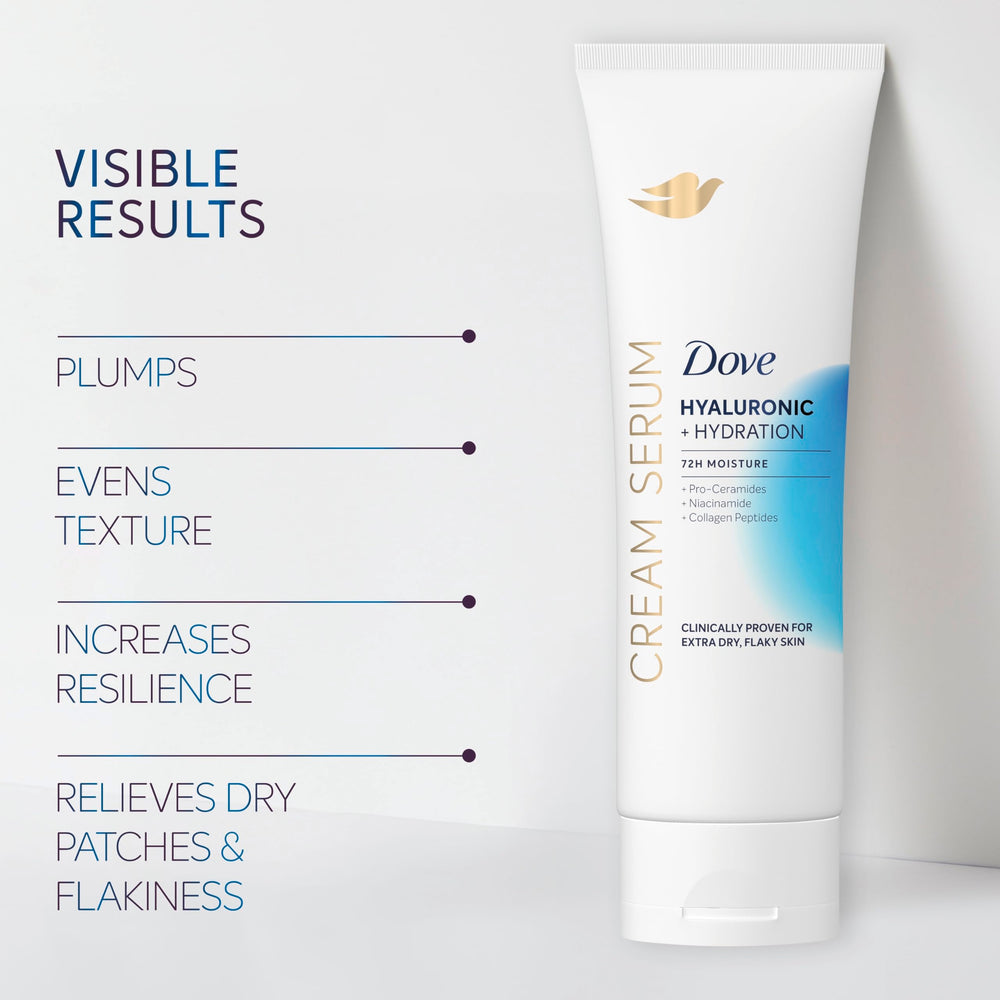 Dove cream serum ingredients display emphasizing hydration and barrier support