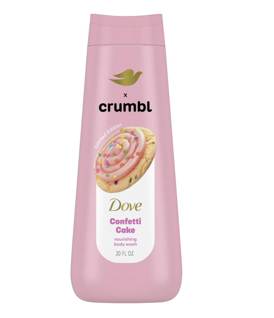 Dove Confetti Cake bottle front showing label and 20 oz size, brand moisturizing benefit
