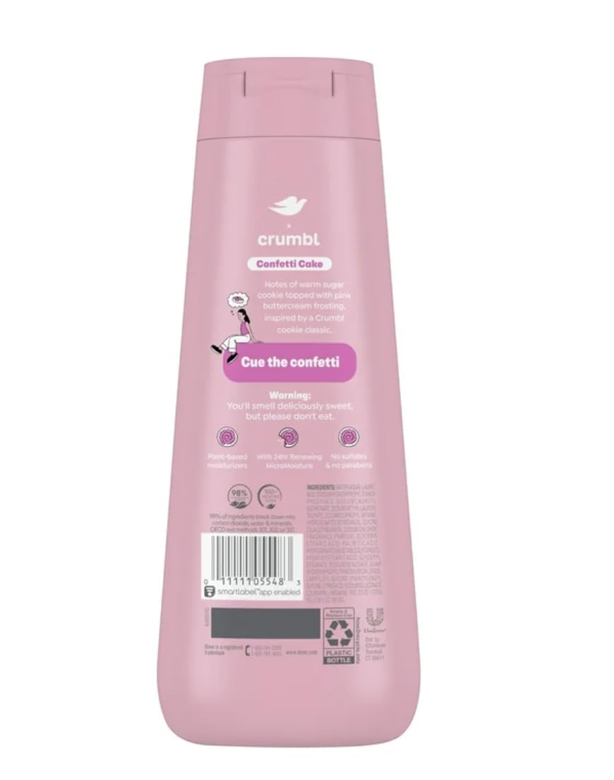 Pump dispensing Dove Confetti Cake body wash onto a loofah, brand softening benefit