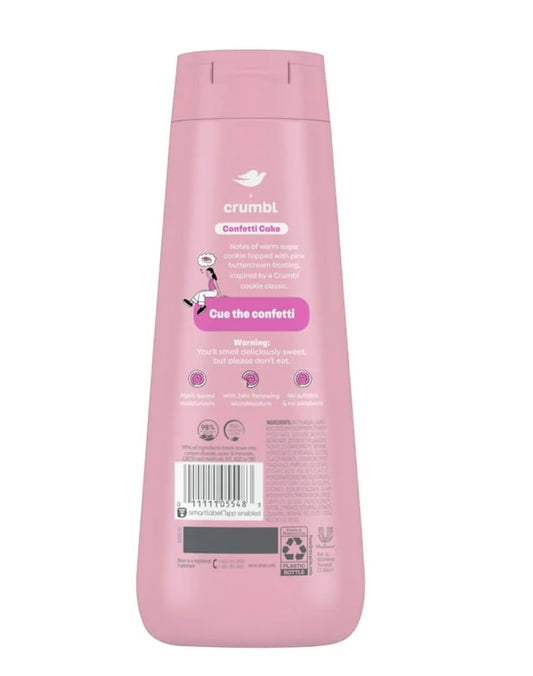 Pump dispensing Dove Confetti Cake body wash onto a loofah, brand softening benefit