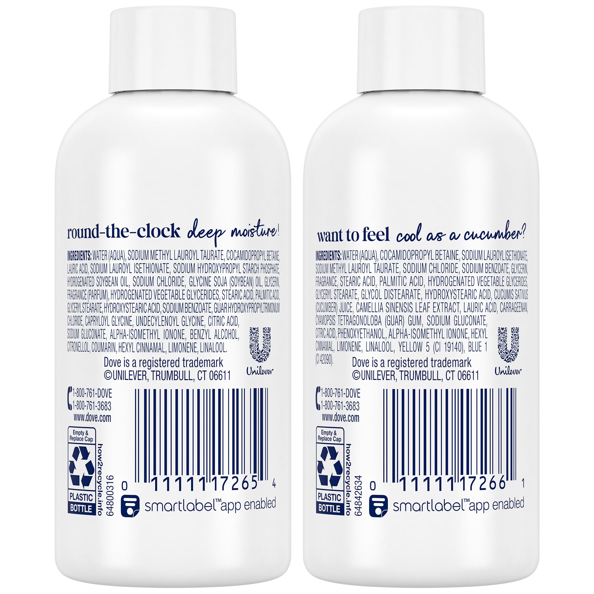 Dove cucumber and green tea bottle closeup highlighting refreshing scent benefit