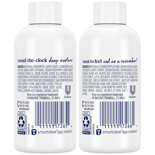 Dove cucumber and green tea bottle closeup highlighting refreshing scent benefit