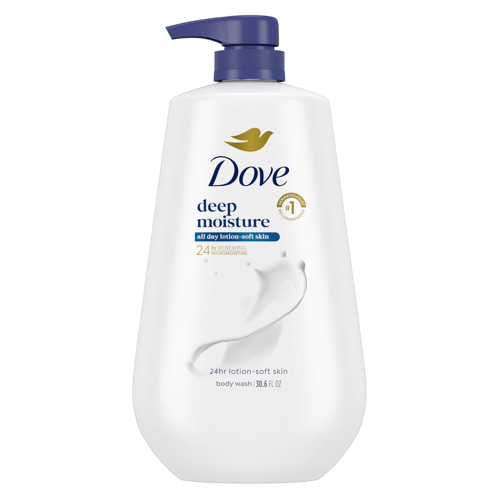 Dove deep moisture front packaging showing 30.6 oz benefit of lasting hydration