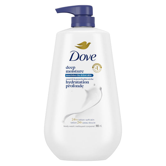 Dove deep moisture front packaging showing bottle and pump, brand nourishes skin